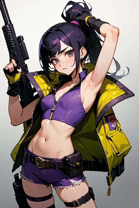 clove (valorant), masterpiece, best quality, 1girl, bratty, solo, armpits, flat breasts, torn clothes, gloves, hand on hip, weapon, black hair, cowboy shot, open clothes, grey eyes, belt, long ponytail, fingerless gloves, purple hotpants, bangs, purple sho...