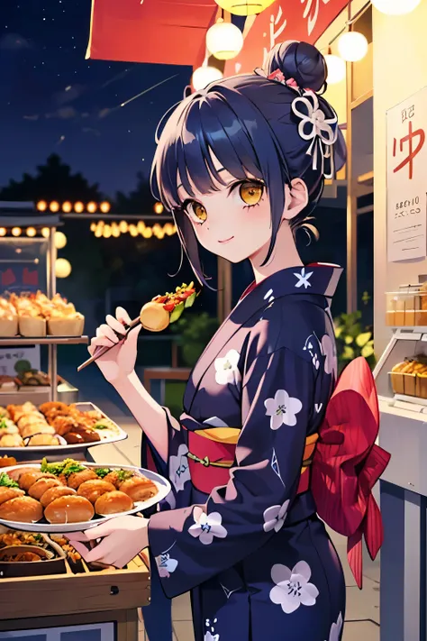 (beautiful young mens:1.3),(Small breasts 1.0),((dark blue hair:1.2)),(bun hair:1.1),(yellow eyes:1.2),(PRİNCESS:1.1),((lace,yukata:1.2)),smile,(Japanese festival:1.25),(street stall,food stall:1.3),(Night:1.2),close-up Face.