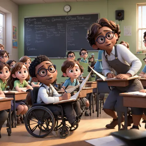 3D perfeito, alta definição, em bugs nas mãos e dedos e rostos, imagem de desenho animado de um professor em uma cadeira de rodas conversando com um grupo de crianças, Cena do filme Pixar, ainda do filme da pixar, quadro do filme da pixar, da Pixar, ainda ...