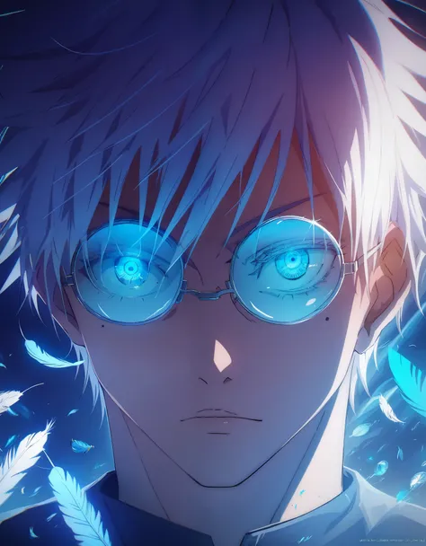 (score_9, score_8_up, score_7_up), zPDXL, 1 boy, alone, looking at viewer, simple warm colored background, neon blue eyes, close-up, short hair, white hair, broken glasses, lenses, neon blue feathers falling, serious look, determination, dark aura, front v...