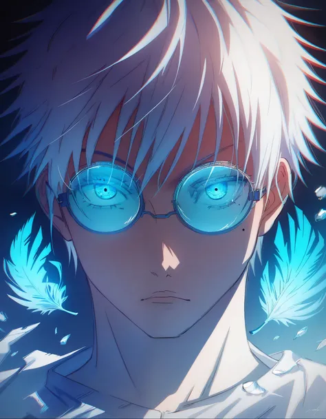 (score_9, score_8_up, score_7_up), zPDXL, 1 boy, alone, looking at viewer, simple warm colored background, neon blue eyes, close-up, short hair, white hair, broken glasses, lenses, neon blue feathers falling, serious look, determination, dark aura, front v...