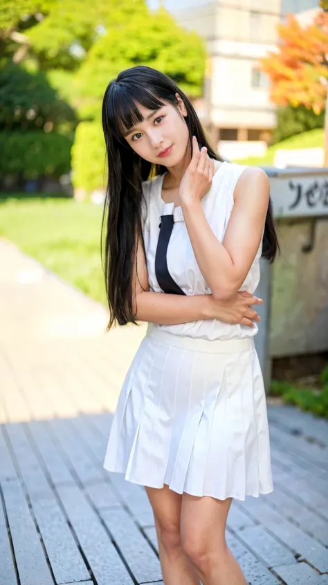 ((((detailed explanation)))),(((masterpiece、Highest quality、Very detailed:1.42、Focus on the eyes)))、Japanese high school girls posing in the schoolyard in the evening。She is wearing a white shirt and a navy blue pleated skirt..、Wearing a red ribbon tie。The...