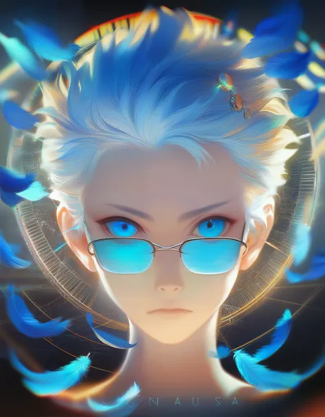 (score_9, score_8_up, score_7_up), zPDXL, 1 boy, alone, looking at viewer, simple warm colored background, neon blue eyes, close-up, short hair, white hair, broken glasses, lenses, neon blue feathers falling, serious look, determination, dark aura, front v...
