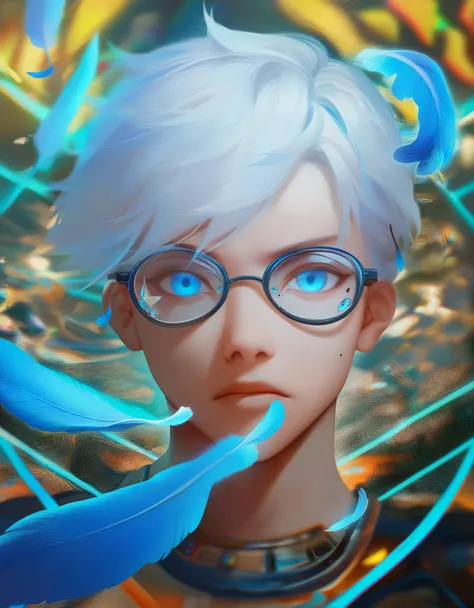 (score_9, score_8_up, score_7_up), zPDXL, 1 boy, alone, looking at viewer, simple warm colored background, neon blue eyes, close-up, short hair, white hair, broken glasses, lenses, neon blue feathers falling, serious look, determination, dark aura, front v...