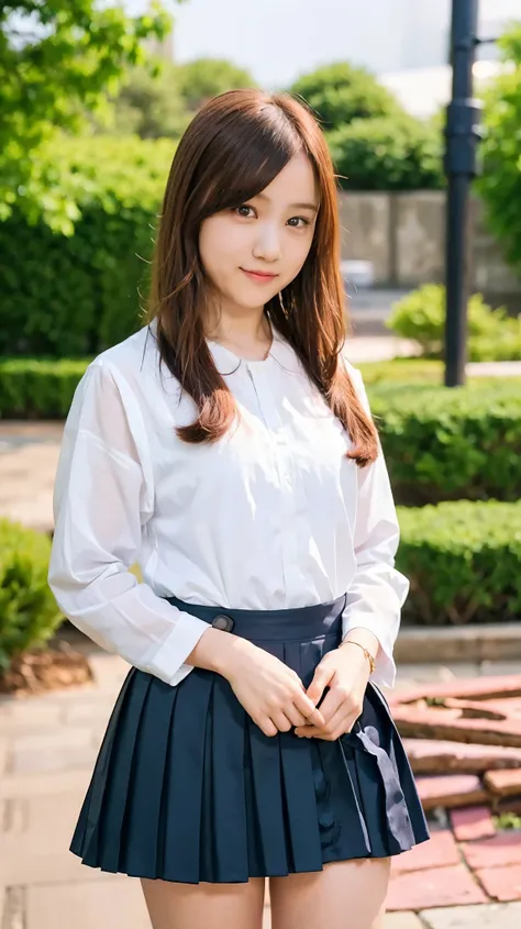 ((((detailed explanation)))),(((masterpiece、Highest quality、Very detailed:1.42、Focus on the eyes)))、Japanese high school girls posing in the schoolyard in the evening。She is wearing a white shirt and a navy blue pleated skirt..、Wearing a red ribbon tie。The...