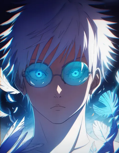 (score_9, score_8_up, score_7_up), zPDXL, 1 boy, alone, looking at viewer, simple warm colored background, neon blue eyes, background, short hair, white hair, broken glasses, lenses, neon blue feathers falling, serious look, determination, dark aura, front...