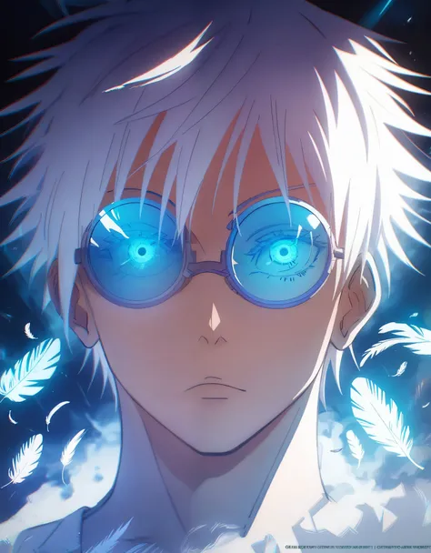 (score_9, score_8_up, score_7_up), zPDXL, 1 boy, alone, looking at viewer, simple warm colored background, neon blue eyes, background, short hair, white hair, broken glasses, lenses, neon blue feathers falling, serious look, determination, dark aura, front...