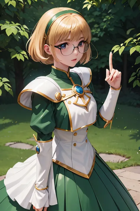 Fuu-Hououji、blonde、Bobcut、Glasseagic Knight Rayearth"、Magic Knight、Green Sailor Suit、Green ilver breastplate、White shoulder rest、White gauntlets、Long sword、(((SFW、sound、Highest quality、first-clasasterpiece、Normal body、8k、Detailed face、Ultra-precision、Norma...