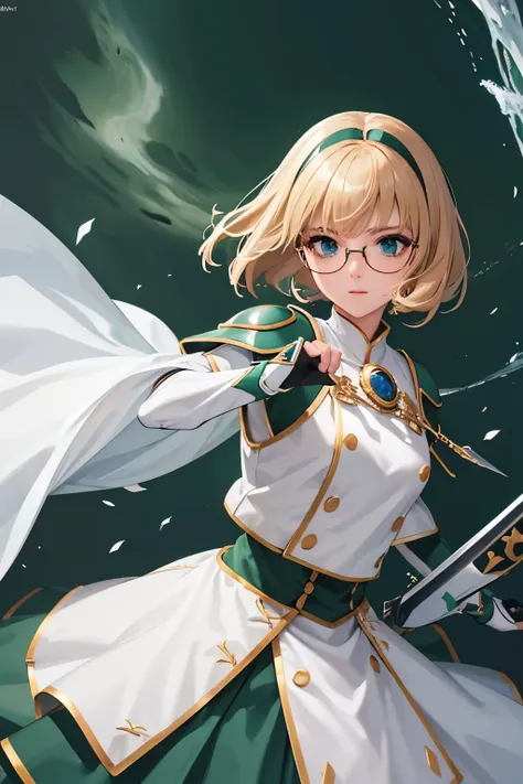 fuu-hououji、blonde、bobcut、glasseagic騎士レイアース"、magic knight、green sailor suit、green ilver breastplate、white shoulder rest、white ga...