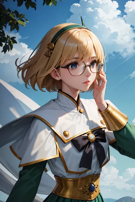Fuu-Hououji、blonde、Bobcut、Glasseagic騎士レイアース"、Magic Knight、Green Sailor Suit、Green ilver Breastplate、White shoulder rest、White gauntlets、Long sword、(((SFW、sound、Highest quality、first-clasasterpiece、Normal body、8k、Detailed face、Ultra-precision、Normal hand、No...