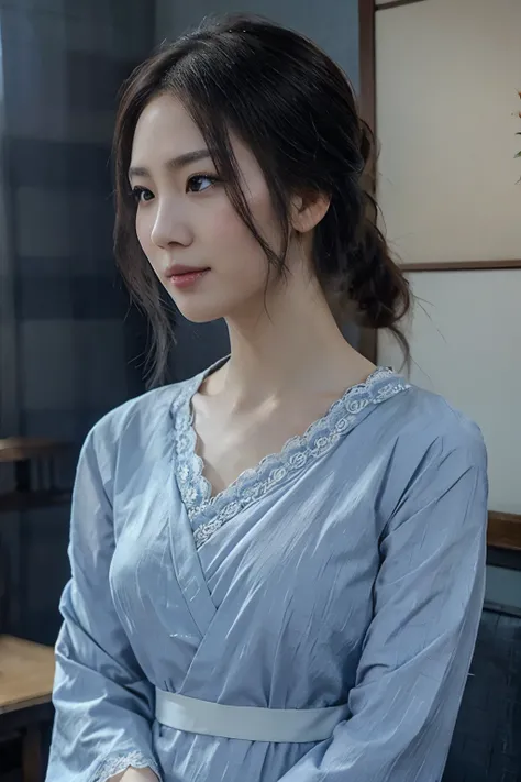 delicate makeup, beautiful Japanese woman with a slender body, white skin and angelic face, long hair up., wearing a Japanese kimono style dress with lace details, blue and gray colors.