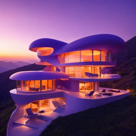 a multi-level house with a satelite dish and antenna array on the rooftop, at sunset, in the mountain side, cgsocietywlop, beautiful curves, intricate devilish designs, qualia, interesting shapes & form, wow factor, elaborate polished, architectural render...