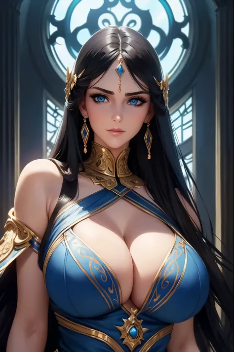 Epic fantasy art, Ultra-fine illustrations, High resolution, Very detailed, masterpiece, 1 female, alone, Adult, mature, tall, Voluptuous body, ((Very beautiful face:1.5)), Long and straight hair, Black Hair, ((beautiful and delicate blue eyes:1.1)), Long ...