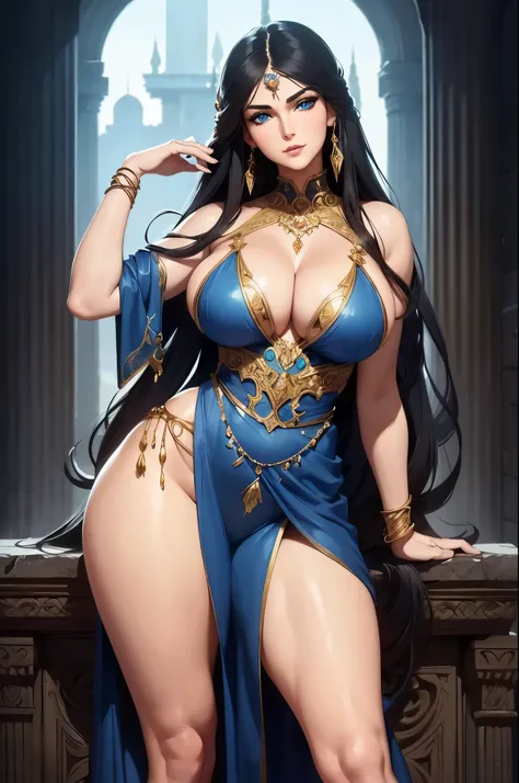 Epic fantasy art, Ultra-fine illustrations, High resolution, Very detailed, masterpiece, 1 female, alone, Adult, mature, tall, Voluptuous body, ((Very beautiful face:1.5)), ((Beautiful legs)), Long and straight hair, Black Hair, ((beautiful and delicate bl...