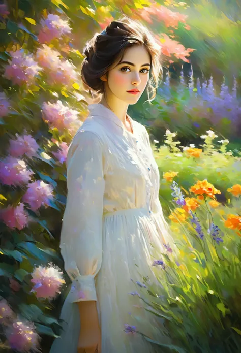 (Girl in a Garden Inspired by Claude Monet,Beautiful attention to detail,Beautiful lip detail,Highly detailed eyes and face, Long eyelashes, Impressionist techniques, Vibrant colors, Breathtaking visual effects, Eternal Silence, oil,Ultra-fine painting, Pr...