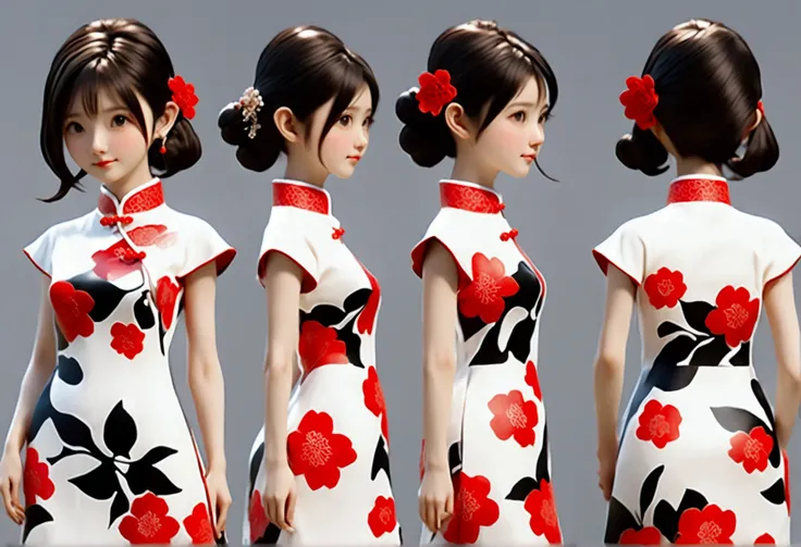 (((Showing the front view of the same 3D character IP figurine design、Side View、Rear view:1.5)))，Young fashionable girl，Wearing a fashionable ink-dyed cheongsam，Ink black and white mixed color Atles silk cheongsam，Uyghur totem cheongsam，Red bougainvillea p...