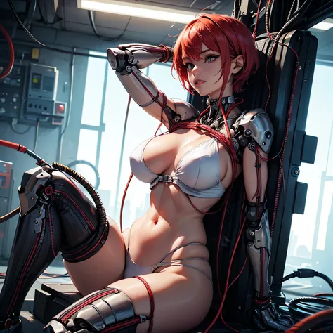 (((masterpiece))), (((Highest quality))), ((Very detailedな)), (Detailed CG illustrations), ((Very delicate and beautiful)),Cinematic Light,((One mechanical woman)), alone,mature,(Big and ample breasts),(Plump), (((The crotch is open))),((Thighs)),((Sitting...