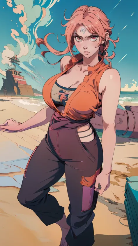 Woman with very large breasts standing on the beach, tsunade From Naruto, Non-covering clothing, With big breasts, Fully dressed. Sexy painting, With big breasts, Badass anime 8k, split, Inspired by Kusumi Morikage, From Attack on Titan, Female action anim...