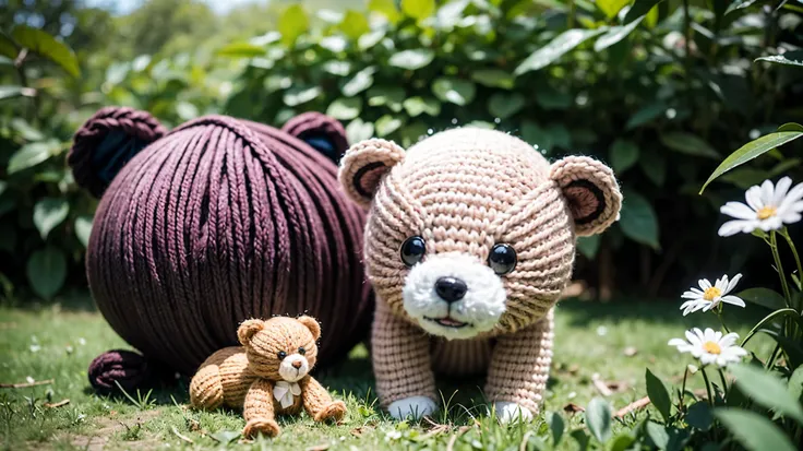 Knitted toy bear, Small anthropomorphic animals, Wearing a 17th century hat and antique clothing, Macro photography in the midst of lush grass, Dewdrops reflecting the surrounding environment, Very elaborate toy, I can see all the yarn in the toy., I can s...