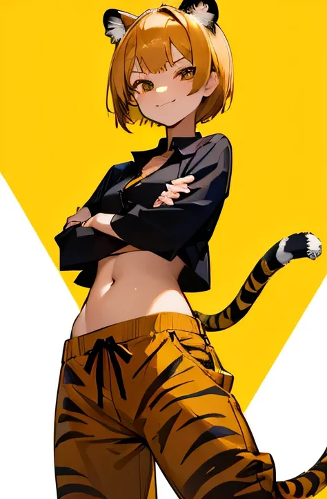 high resolution、High definition、1 cute girl with tiger ears and tail、front、Cross your arms、Elegant figure、woman、Age 25、Very short hair、Short hairstyle、Golden Hair、A smiling smug face、Black Aloha Shirt、Belly button、Groin、Low rise