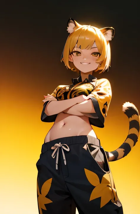 high resolution、High definition、1 cute girl with tiger ears and tail、front、Cross your arms、Elegant figure、woman、Age 25、Very short hair、Short hairstyle、Golden Hair、A smiling smug face、Black Aloha Shirt、Belly button、Groin、Low rise