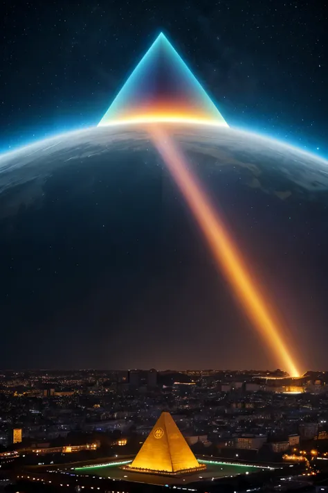 Draw a UFO hovering over a pyramid seen from the front。The pyramid is designed to resemble the Freemason logo.、There is an eye painted on the top。The UFO is a classic saucer shape.、It emits light。The background is the night sky and stars.、Please make the p...