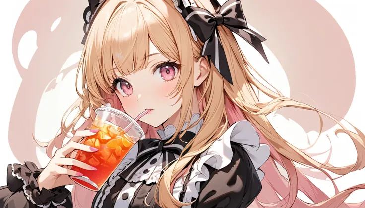 A beautiful girl with a big bow on her head, rosa Lolita-Outfit, one person, pink hair and long blonde hair, hold a stylish drink with a straw, delicate facial structure, perfect hand angle, without background