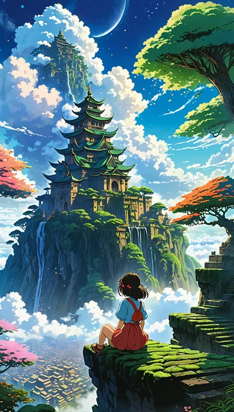 Estilo anime de Shin-Umi Mokoto y Ghibli, from behind,Over the clouds,Sitting on the mossy stage、A girl dressed in adventure looking at a magnificent lost city and the giant world tree next to it., lost city Over the clouds and towering sky, Magic glowing ...