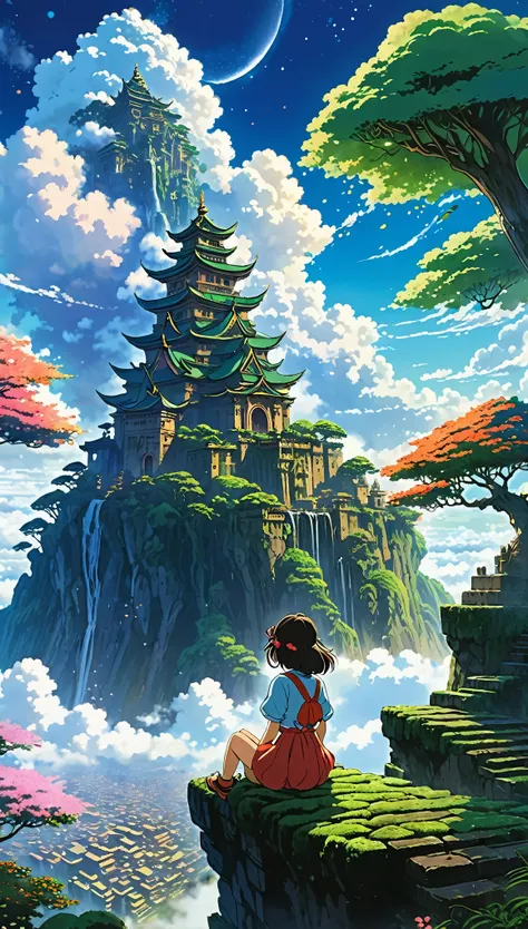 Estilo anime de Shin-Umi Mokoto y Ghibli, from behind,Over the clouds,Sitting on the mossy stage、A girl dressed in adventure looking at a magnificent lost city and the giant world tree next to it., lost city Over the clouds and towering sky, Magic glowing ...