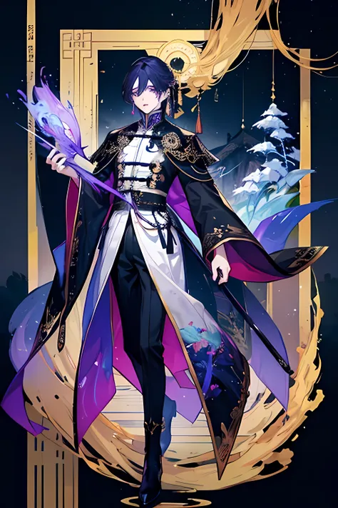 Highest quality、Highest quality、Long legs、背の高いAdult male、whole body、Purple Hair、Black and blue patterned national costume、A long white cloak is worn over the head、Black boots、Gold Heels、Adult male