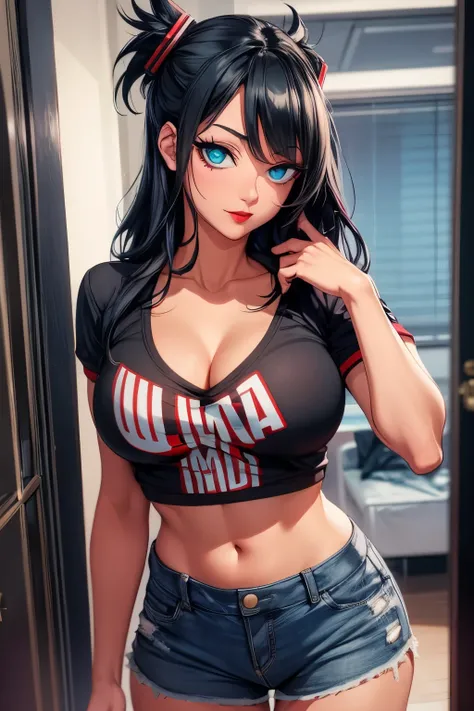 Adult Midnight (My Hero Academia), CG 8k ultra-realista, beautiful woman, seductive eyes, make-up, red lips, casual clothes 