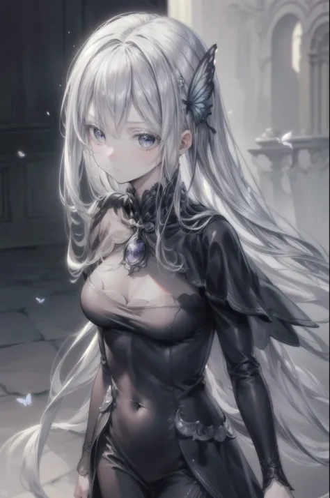 masterpiece, best quality, extremely detailed CG unity 8k wallpaper, echidna, White eyelashes, Gray Hair, Hair between the eyes, Long Hair, Straight hair, (Iris:1.3),
break black Capelet, black dress, butterfly hair ornaments, Capelet, dress, hair ornament...