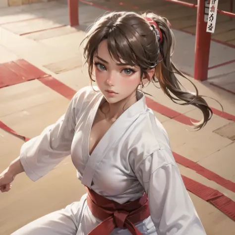  masterpiece, (textured skin), best quality, gorgeous beautiful girl, (a female karate athlete), detailed clothes,large breasts,narrow waist,, (beautiful face), cinematic lighting, (at karate venue ),