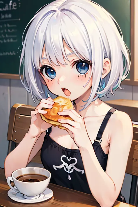 (beautiful cute girl:1.3),(Small breasts 1.0),((White  hair:1.2)),(lshort hair:1.1),(Blue eyes:1.2),(PRİNCESS:1.1),((white camisole:1.2)),open your mouth,(cafe terrace:1.25),(eating breakfast:1.2),close-up Face,((Open your mouth wide and beg:1.1)).