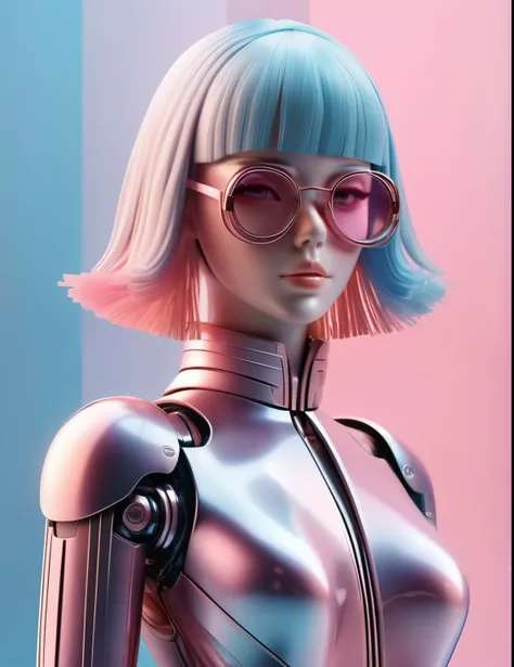 3D illustration of upper body and face of artificial intelligence model wearing futuristic glasses, Stylish glasses with tassels，Gradient background, Pastel color palette, pink blue, Simplicity, cold metallic textures, Surrealism,