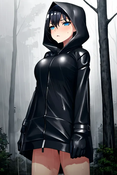 Cool girl,boyish,Very short hair,blue eyes,black long raincoat,Wear a hood,Gloomy face,Black Hair,Big Breasts,blush,Sweat,Are standing,forest,Wet,rain,fog,cloudy,Humid air,Cowboy Shot