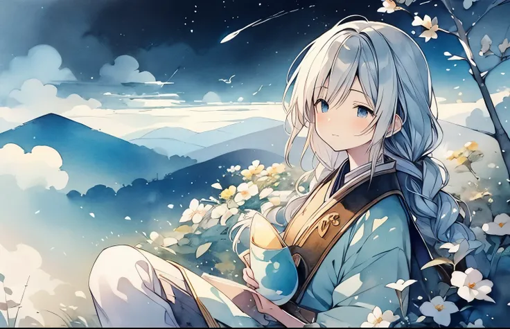 landscape画、Above the Clouds、月と星が降るnight、sleep、Calm、Sleep、Watercolor、landscape、background、Fantasy、night、Fantasy、Dream Painting、Highest quality、アニメのbackground、masterpiece、Very detailed、Great art、Atmospheric anime、Starry Sky、Detail enhancements、Fantasylandsca...