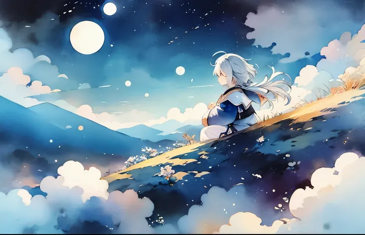 Above the Clouds、sleep、Calm、Sleep、Watercolor、landscape、background、Fantasy、night、Fantasy、Dream Painting、Highest quality、アニメのbackground、masterpiece、Very detailed、Great art、Atmospheric anime、Starry Sky、Detail enhancements、Fantasylandscape画、Fantasyナイト、A moment...