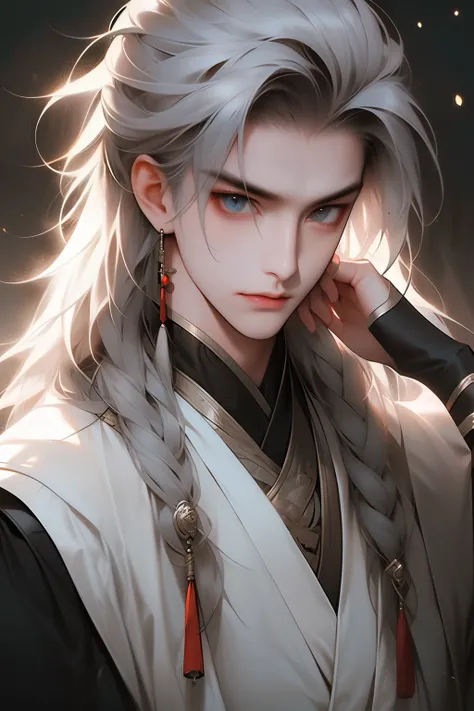 realisticlying, actual, photography of, tmasterpiece, Best quality at best, ultra - detailed, Mild, 1boys, Alone, long whitr hair, Chinese clothes, silber hair,