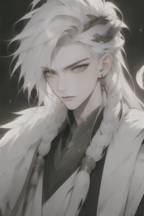 Close-up of a man with white hair and white feathers,A white-haired god,Gurwitz-style artwork,white hair like clouds,Beautiful character painting,Black bib,White eyes,Glittering clothes,Chinese style
