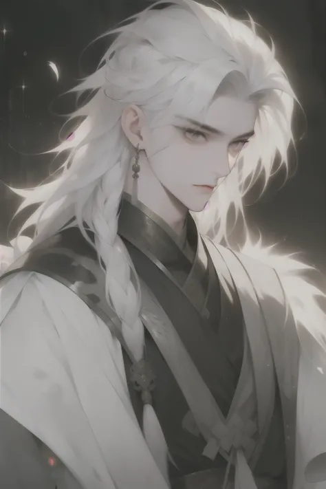 Close-up of a man with white hair and white feathers,A white-haired god,Gurwitz-style artwork,white hair like clouds,Beautiful character painting,Black bib,White eyes,Glittering clothes,Chinese style