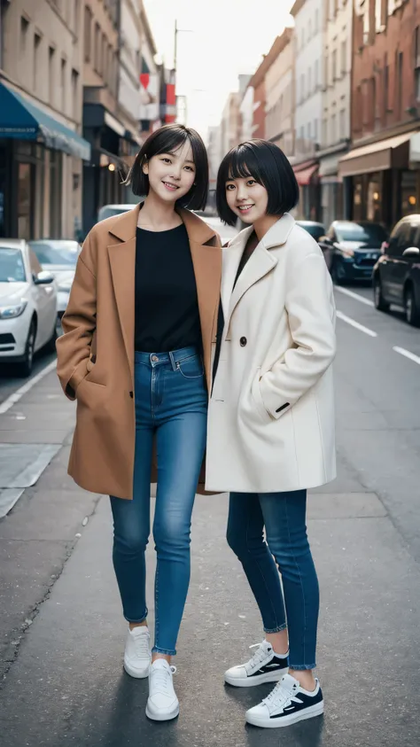 , Full body photo、two women standing、smile、Black Hair、Short Haircut、(work of art, high qualiy) Woman in coat、Skinny jeans、sneakers、The background is the city at night