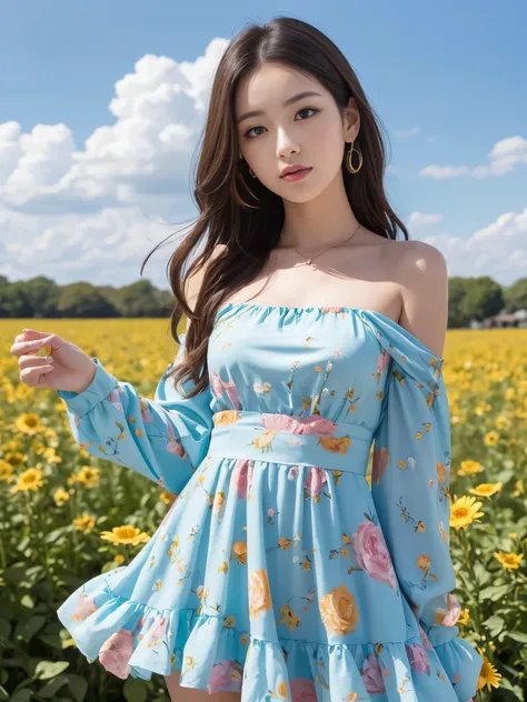 feature is、A young woman with big blue eyes and long flowing hair that changes color from blue to pink.。she、Standing against a bright, clear blue sky with a few white clouds。women are、A white, loose long-sleeved top is draped over the shoulders.、She is wea...