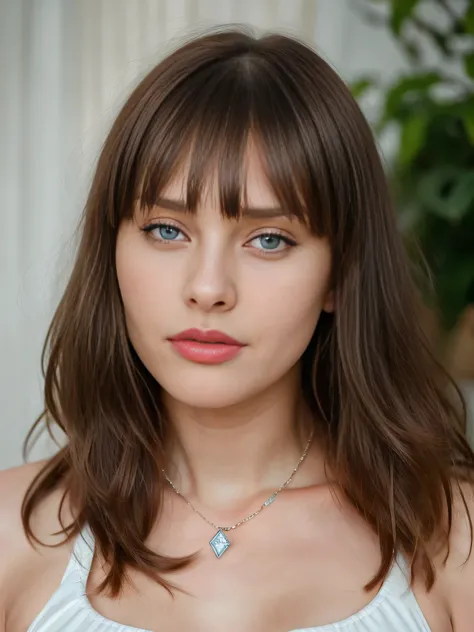 (arafed woman:1.5), (long baby bangs thick hairs:1.5), (Big Blue Rebecca Eyes and long eyelashes), (Cute Russian teenager 27 years old girl:1.5), (seductive smirk), (beautiful Diamond face and narrow nose:1.5), (busty lips and cherry red lipstick), a portr...