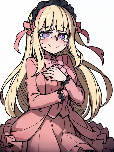 ((A woman，Long blond hair，Pink dress，Lolita Skirt，Pink flower hairpin)),Blue pupils，Bow tie on chest，front,Half Body，((cry，Smile))，blush，White background