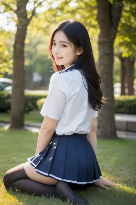 Super realistic in summer uniform, 17-year-old girl、Seraphim、seifuku, Colored Sailor Uniform, Japan , A seductive smile、Japanese ido、Skirt and thighs、Sitting on the lawn、Sitting, (Wearing pantyhose、Ultra-realistic pantyhose)、RAW Photos, (In 8K、Highest qual...