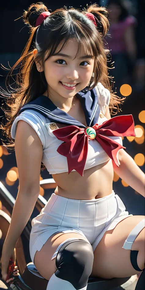 （8k、Raw photography、Highest quality、masterpiece：1.2),(Black Hair、Dark Eyes:1.9),(Sailor Moon Costume:1.6)、View your audience,Front view,White skin,(:1.3)、(Tight waist:1.6)、(Clothes that accentuate the shape of the breasts:1.2)、(Big Breasts :1.5)、Slim figur...