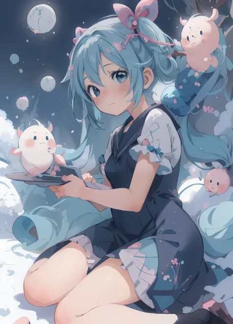 (masterpiece、Highest quality、Highest quality、Official Art、Beautiful and beautiful:1.2)、(One girl:1.3)Hatsune Miku、Twin tails,Beautiful breasts, Katsushika Hokusai,Anime - Style image of a woman in a blue dress sitting on the ground, , Cute anime waifu in a...