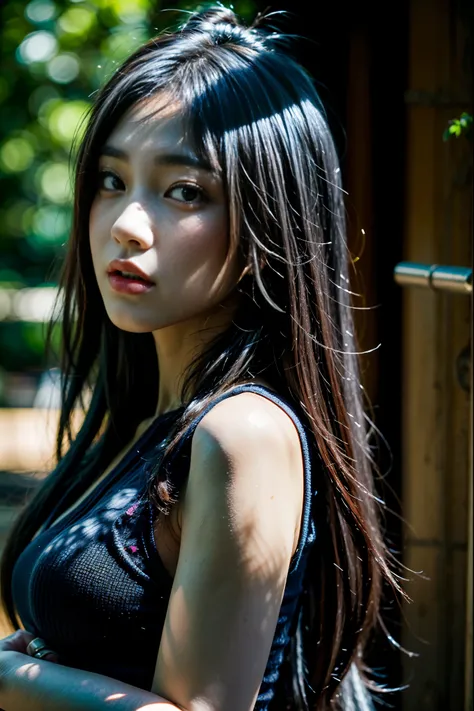 Prompt: ((best quality)), ((masterpiece)), (detailed), perfect face, silver hair, black eyes, lips, assassins sexy clothes, realistic, 30 years old, Asian, perfect body, perfect hands,  mythology creature, in the forest, full body potrait