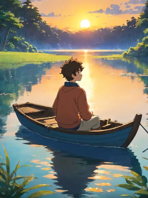 A real picture of a young man sitting in a quiet place sitting on a small boat in the middle of a lake. The sun has set over the place. There is a dog with beautiful fur on the wild side of the lake. The weather is beautiful. 